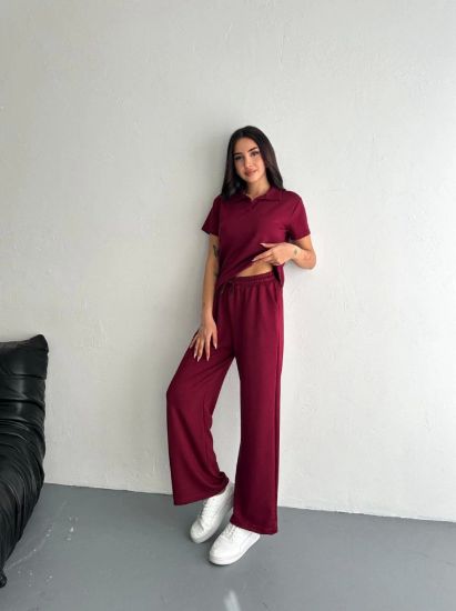 Osy Modal Yumuşak Dokulu Kumaş Kısa Kollu Yakalı T-shirt Pantalon Ikili Takım- Bordo resmi